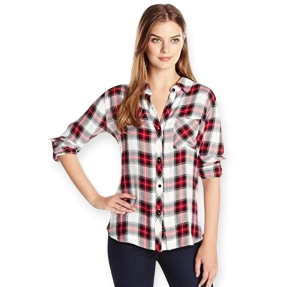 Rails Hunter Plaid Button Up Black White Red Brushed Rayon Small (XS/S) - Picture 15 of 15